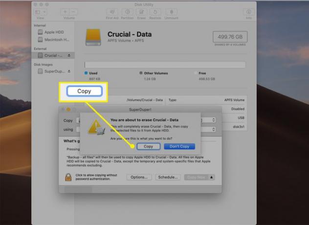 تم تمييز زر النسخ لبدء عملية الاستنساخ على SuperDuper لنظام التشغيل macOS