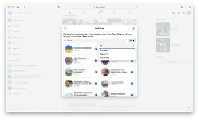Фацебоок веб локација са дијалогом за престанак праћења који је отворен са истакнутим Све.