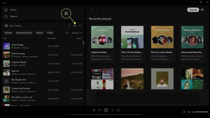 L'icône de la vue en grille (quatre cases) est mise en surbrillance dans Votre bibliothèque dans Spotify.