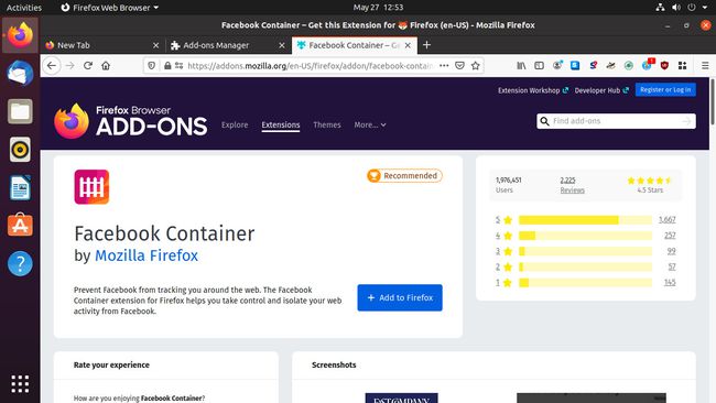 Página de complemento de Firefox Facebook Container