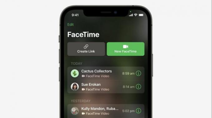 Актуализираният екран с връзки към FaceTime във FaceTime