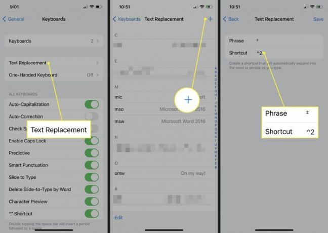 Teksti asendamine, pluss- (+) ikoon, fraas ja otsetee iOS-is esile tõstetud