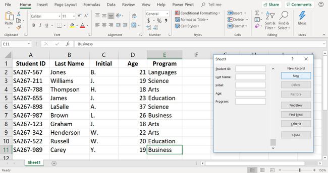 Zrzut ekranu przedstawiający dane arkusza Excel, które zostały wprowadzone za pomocą formularza wprowadzania danych