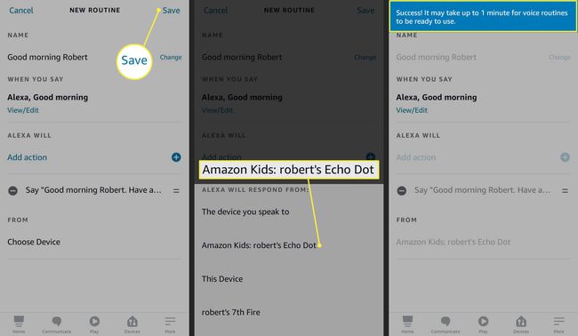 Tallenna, Echo Dot ja Vahvistusviesti korostettuna Alexa-sovelluksessa