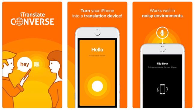 Drei Bildschirme für die iTranslate Converse-App, der erste zeigt eine Illustration eines Mannes und einer Frau, die über die App, die zweite zeigt " Hallo" auf einem orangefarbenen Hintergrund und die dritte sagt, dass sie bei lautem Rauschen gut funktioniert Umgebungen.