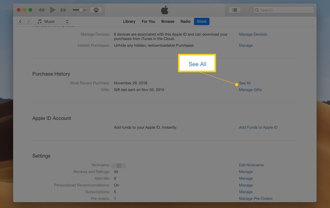 iTunesアカウント情報画面のすべてのリンクを表示