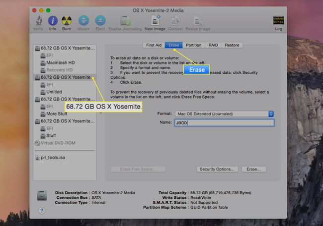 Disk Utility على جهاز Mac مع تحديد محرك الأقراص وتمييز علامة التبويب Erase