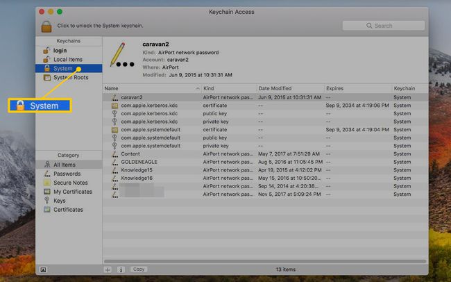 Pestaña Sistema en Acceso a llaveros en macOS