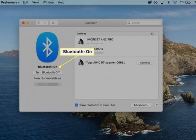 macOS Bluetooth 환경 설정 대화 상자에서 Bluetooth가 켜짐으로 설정됨