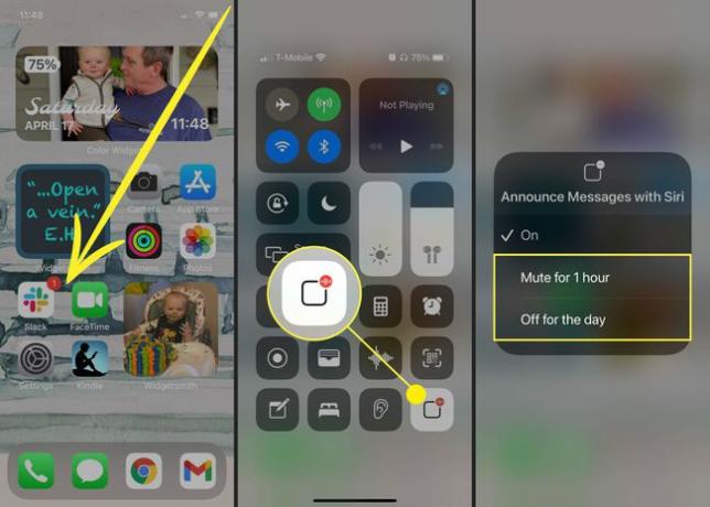 Skjermbilde som viser hvordan du deaktiverer Annonser meldinger med Siri-alternativet på iPhone ved hjelp av kontrollsenteret.