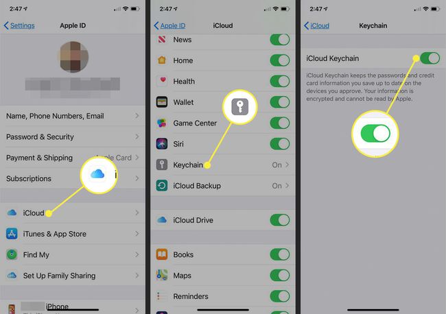 iPhone képernyőképek, amelyek az iCloud Keychain bekapcsolásához vezető utat mutatják