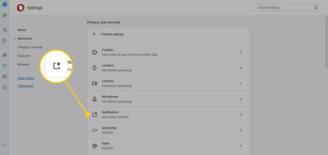 Notificaciones en la configuración de contenido de Opera