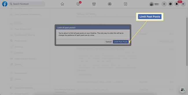Бутонът за потвърждение „Ограничете минали публикации“ в настройките на Facebook