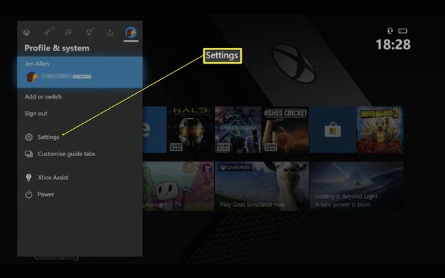 プロファイルとシステムオプションが強調表示されたXboxOneダッシュボード