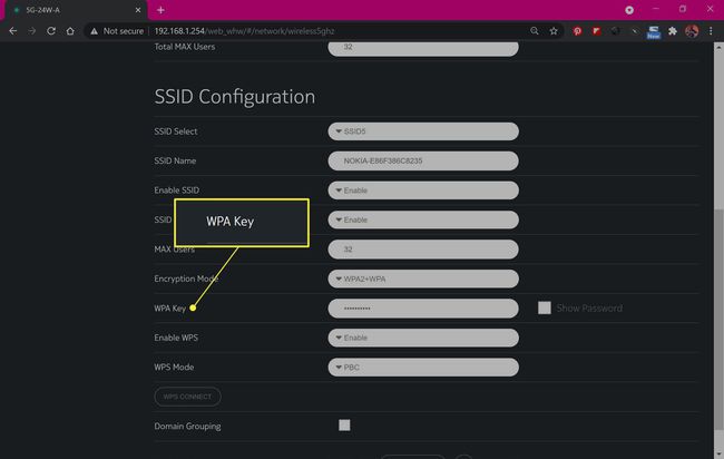 Configuración de la contraseña de Wi-Fi del módem con la clave WPA resaltada