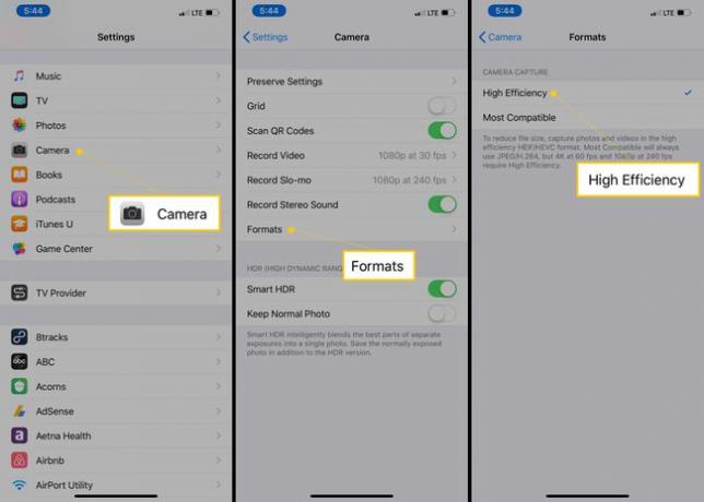 Câmera, formatos, alta eficiência nas configurações do iOS