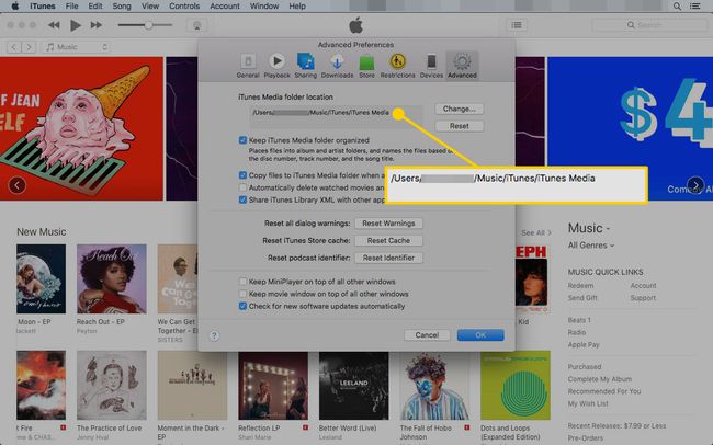 メディアフォルダの場所が強調表示されたiTunesの詳細設定