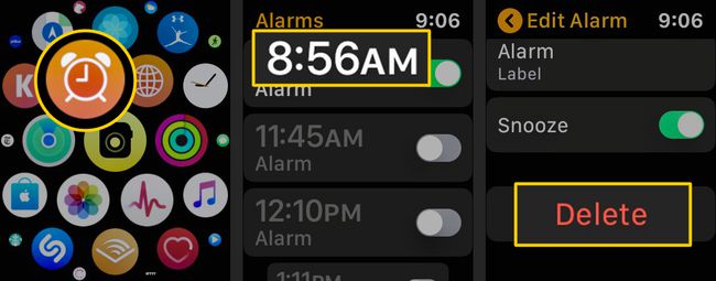 Alarmikon, Alarm til sletning, Slet-knap på Apple Watch