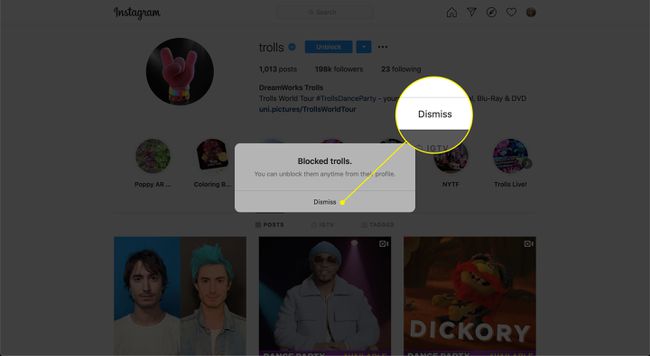 Kommandoen Afvis efter blokering af en konto på Instagram