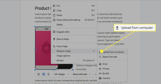 ตัวเลือกในการอัปโหลดรูปภาพจากคอมพิวเตอร์ใน Google เอกสาร