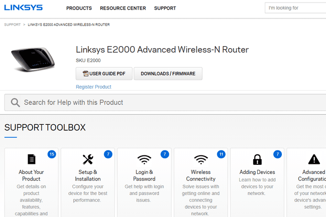 Página de soporte de Linksys E2000