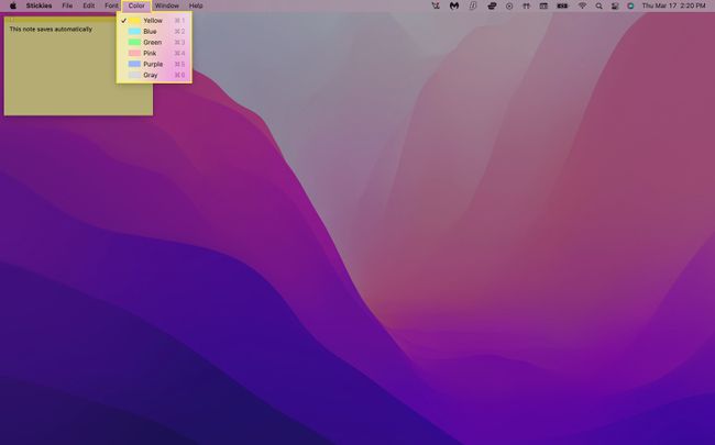 اختيار لون الملاحظة في Mac Stickies.
