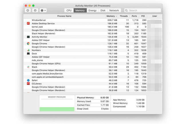 Mac'te Activity Monitor uygulaması Bellek sekmesi