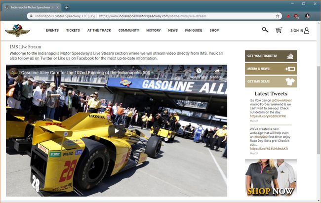 Indy500の公式IMSライブストリームのスクリーンショット。