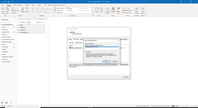 Captura de tela do novo arquivo de dados do Outlook