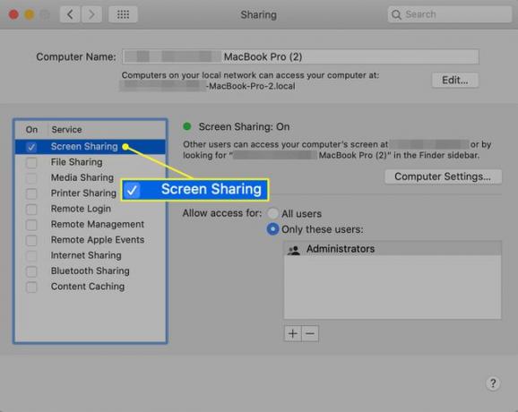 „Mac“ bendrinimo nuostatos su ekrano bendrinimu įjungtos