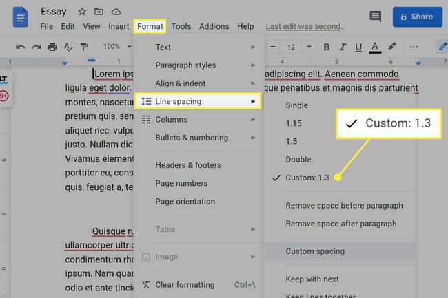 ใช้ระยะห่างบรรทัดแบบกำหนดเองจากเมนูรูปแบบภายใต้การเว้นบรรทัดใน Google เอกสาร