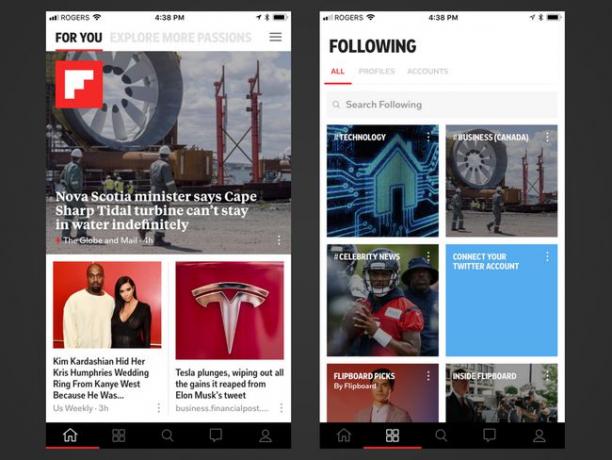 Dwa zrzuty ekranu aplikacji Flipboard