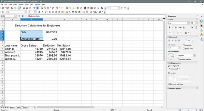 Cellen voor datum en aftrekpercentage zijn geselecteerd in OpenOffice Calc.