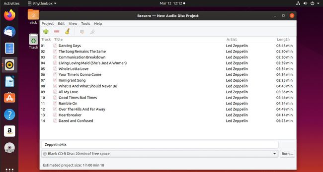 Запись компакт-дисков Rhythmbox с помощью Brasero