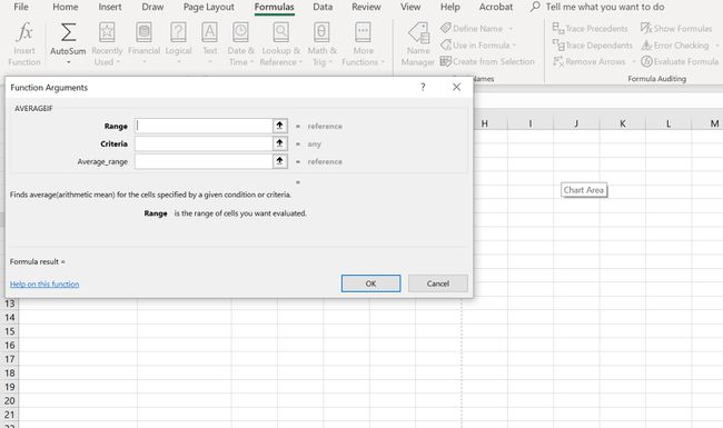 Excel's Function Dialog Box voor de GEMIDDELDEIF-functie.
