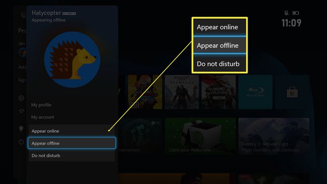 Painel do Xbox Series XS com Não perturbe destacado no perfil do usuário