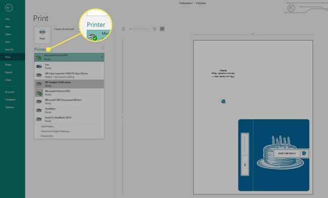 プリンタの見出しが強調表示されたMicrosoftPublisherの印刷画面のスクリーンショット