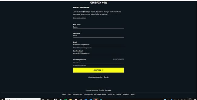 لقطة شاشة لصفحة المعلومات الشخصية على اشتراك DAZN