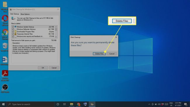 " Slett filer" uthevet i Windows Diskopprydding
