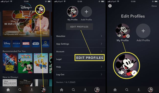Aplicația Disney+ cu pașii pentru editarea profilului evidențiați