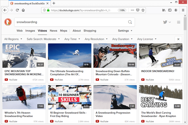 Resultados del video de snowboard DuckDuckGo