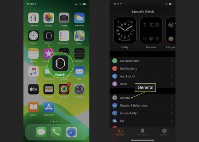 일반이 강조 표시된 Apple Watch 앱