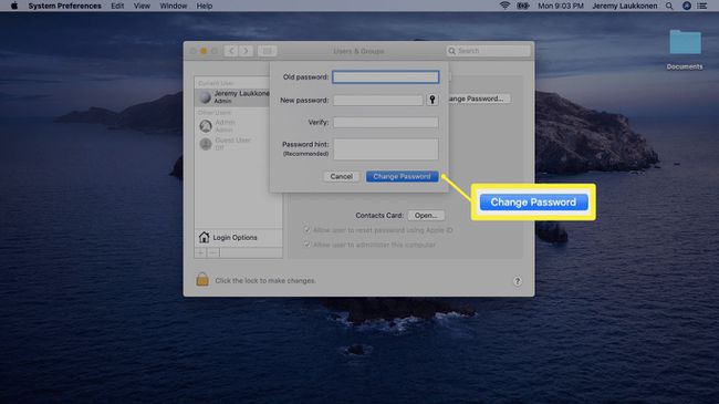 Képernyőkép új jelszó beállításáról Mac számítógépen.