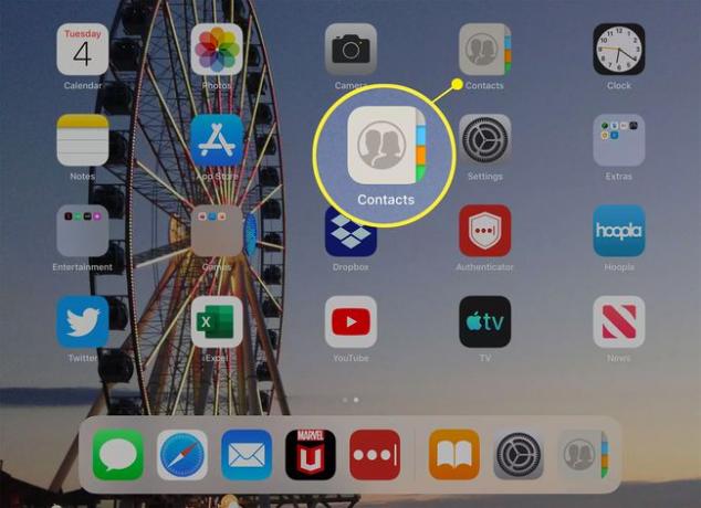 أيقونة تطبيق جهات الاتصال على شاشة iPad الرئيسية