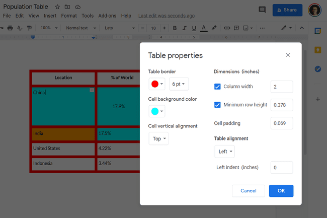 ภาพหน้าจอคุณสมบัติของตาราง Google เอกสาร