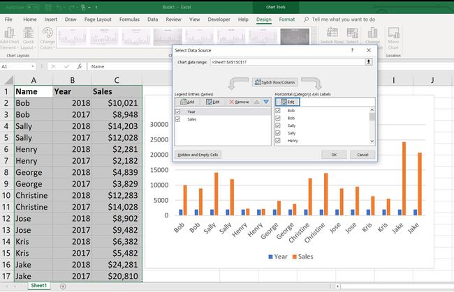 Screenshot van het selecteren van gegevens in Excel 20162013