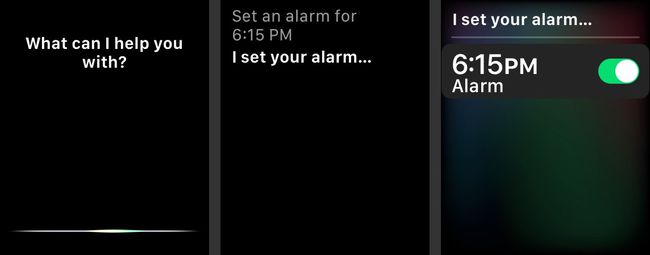 Apple Watch에서 Siri, " 오후 6시 15분으로 알람 설정", " 알람 설정해 ..."