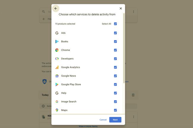 Elija de qué servicios eliminar la actividad de Google