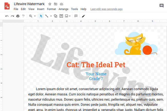 Captura de tela de uma marca d'água do Desenhos Google com texto do Google Docs