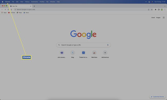 Google Chrome على Mac مع تمييز خيار شريط قوائم Chrome.